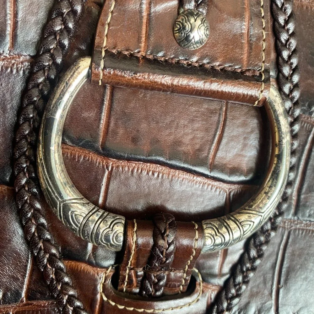 Brighton Croc Embossed Leather Tote Brown & Black Braided Detail - Picture 7 of 16